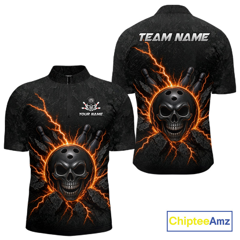 Custom Orange Thunder Lightning Skull Bowling Shirt Bowling League Jersey Bowling Gifts