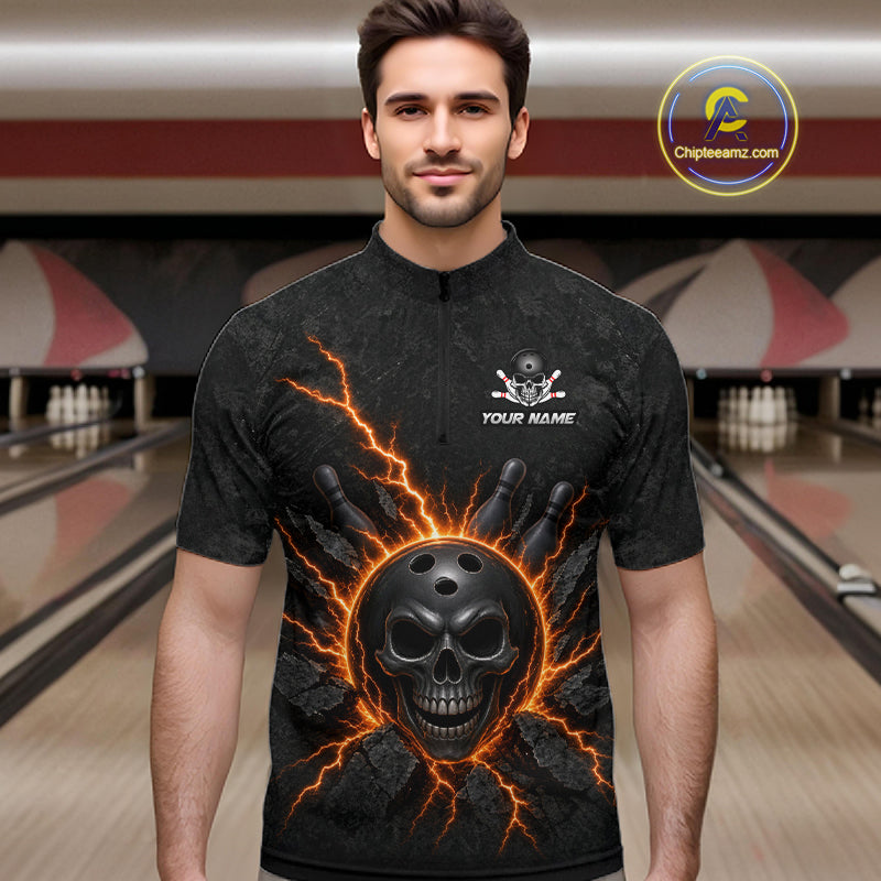 Custom Orange Thunder Lightning Skull Bowling Shirt Bowling League Jersey Bowling Gifts