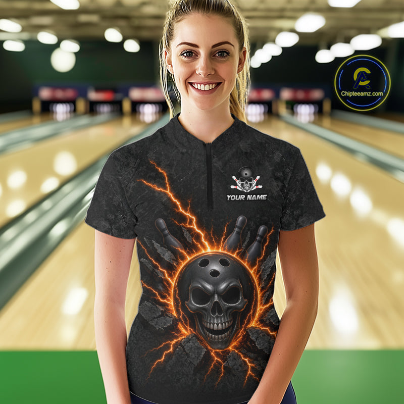 Custom Orange Thunder Lightning Skull Bowling Shirt Bowling Jersey League Bowling Gifts