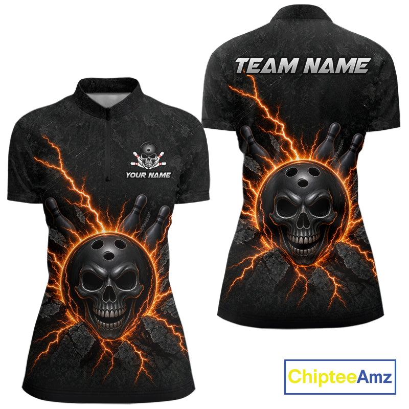Custom Orange Thunder Lightning Skull Bowling Shirt Bowling Jersey League Bowling Gifts