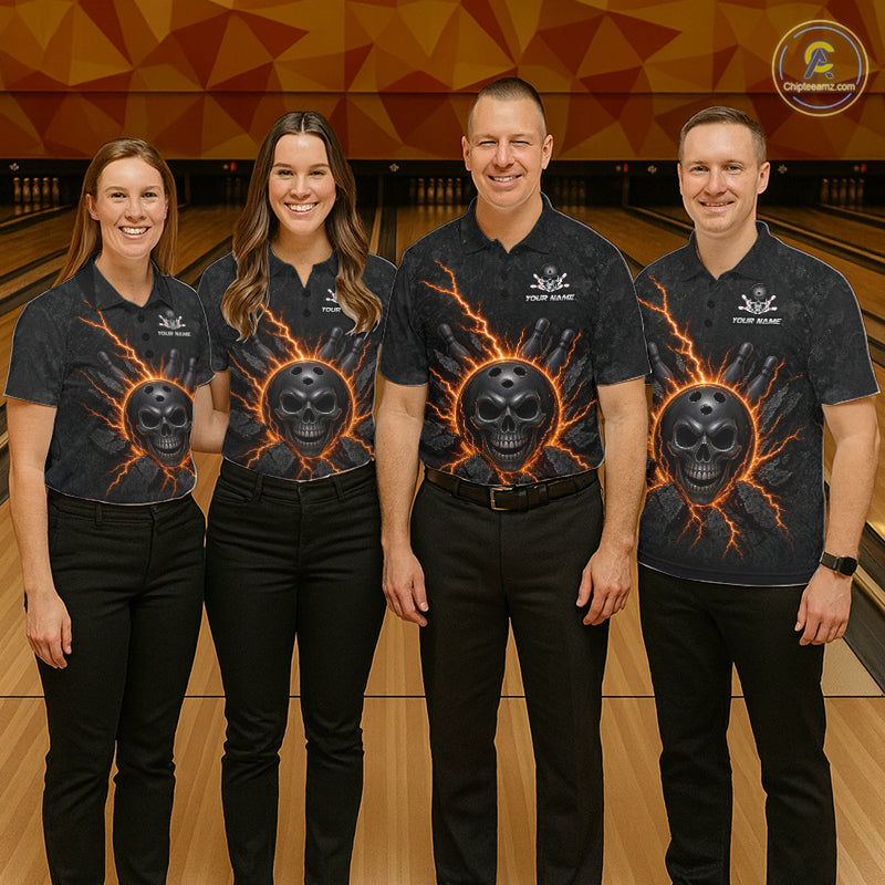 Custom Orange Thunder Lightning Skull Bowling Shirt Bowling League Jersey Bowling Gifts
