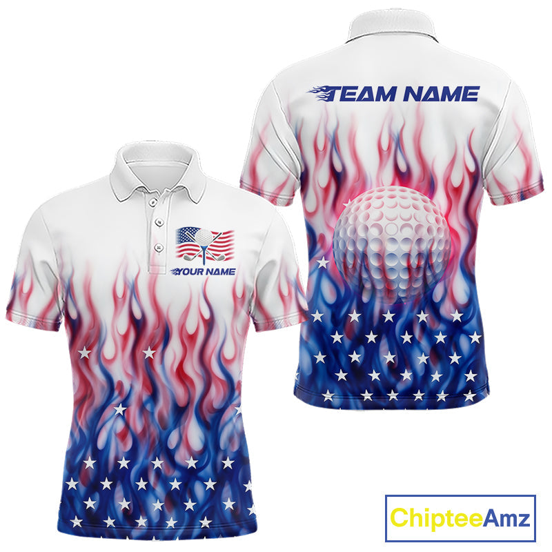 Fire American Flag Custom Patriotic Golf Polo Shirts, Flame US Golf Shirt