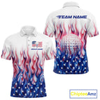 Fire American Flag Custom Patriotic Golf Polo Shirts, Flame US Golf Shirt