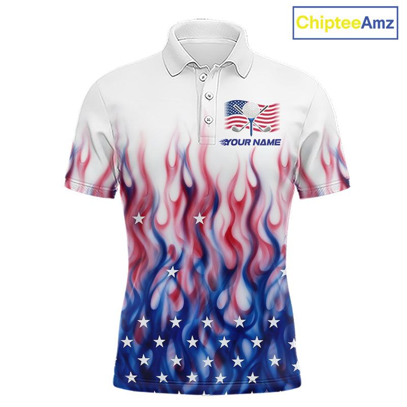 Fire American Flag Custom Patriotic Golf Polo Shirts, Flame US Golf Shirt