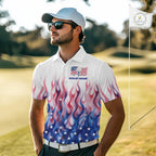 Fire American Flag Custom Patriotic Golf Polo Shirts, Flame US Golf Shirt