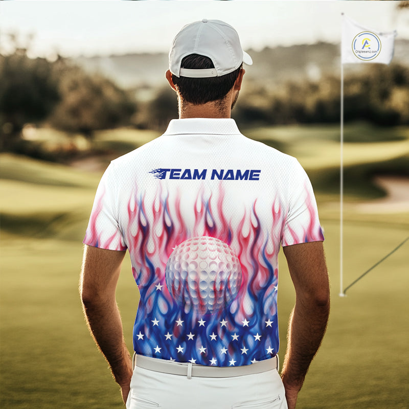 Fire American Flag Custom Patriotic Golf Polo Shirts, Flame US Golf Shirt