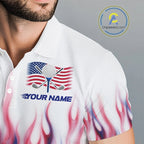 Fire American Flag Custom Patriotic Golf Polo Shirts, Flame US Golf Shirt