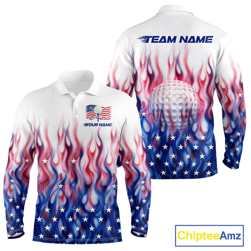 Fire American Flag Custom Patriotic Golf Polo Shirts, Flame US Golf Shirt