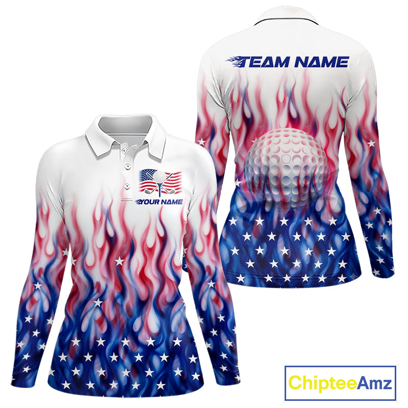 Fire American Flag Custom Patriotic Golf Polo Shirts, Flame US Golf Shirt