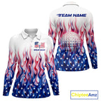 Fire American Flag Custom Patriotic Golf Polo Shirts, Flame US Golf Shirt