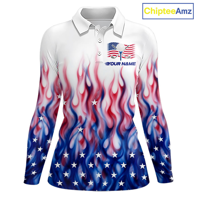 Fire American Flag Custom Patriotic Golf Polo Shirts, Flame US Golf Shirt