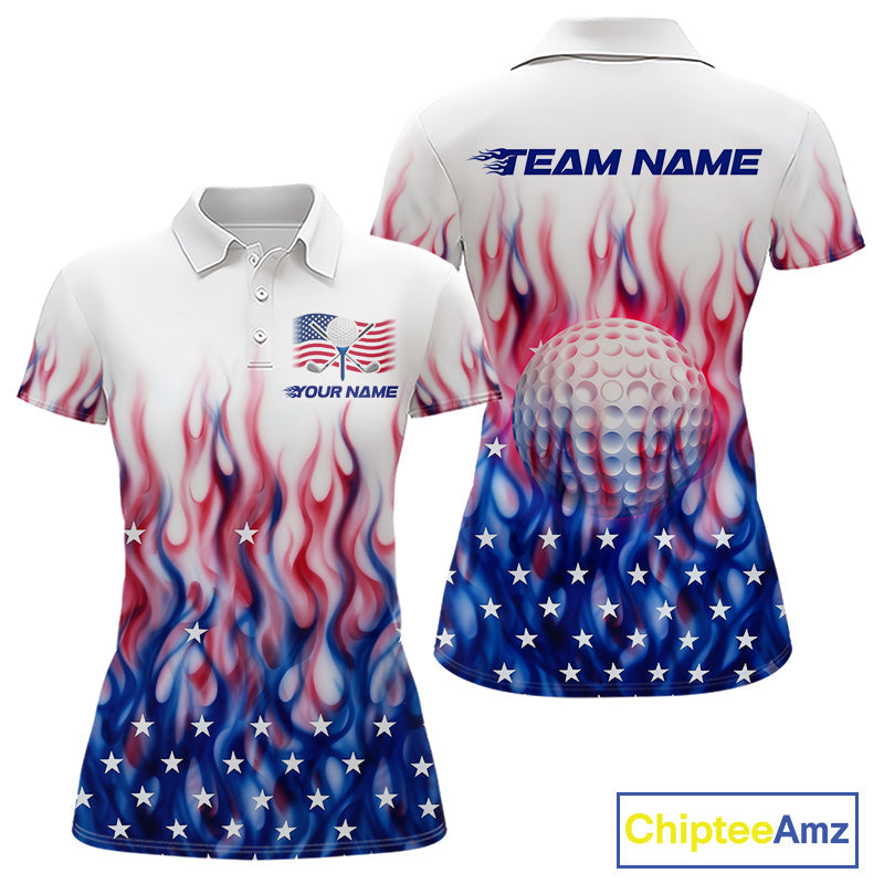 Fire American Flag Custom Patriotic Golf Polo Shirts, Flame US Golf Shirt