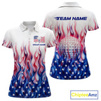 Fire American Flag Custom Patriotic Golf Polo Shirts, Flame US Golf Shirt
