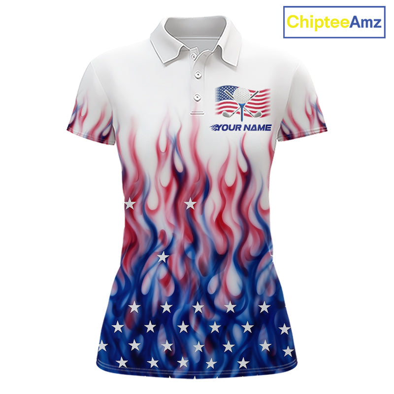 Fire American Flag Custom Patriotic Golf Polo Shirts, Flame US Golf Shirt
