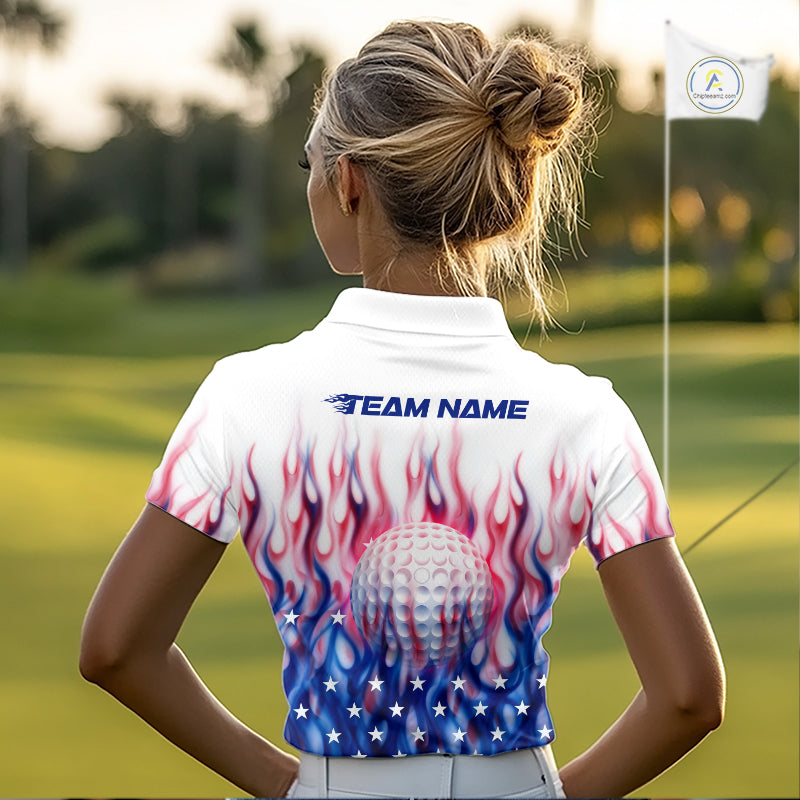 Fire American Flag Custom Patriotic Golf Polo Shirts, Flame US Golf Shirt