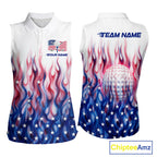 Fire American Flag Custom Patriotic Sleeveless Golf Polo Shirts, Flame US Golf Shirt