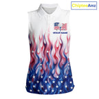 Fire American Flag Custom Patriotic Sleeveless Golf Polo Shirts, Flame US Golf Shirt