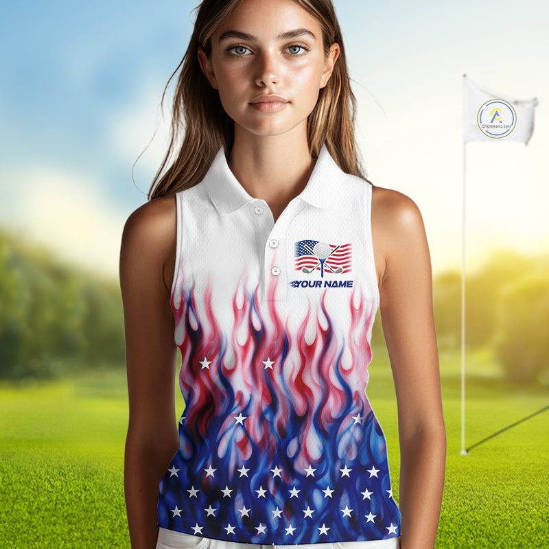 Fire American Flag Custom Patriotic Sleeveless Golf Polo Shirts, Flame US Golf Shirt