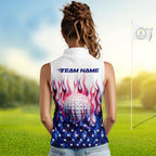 Fire American Flag Custom Patriotic Sleeveless Golf Polo Shirts, Flame US Golf Shirt