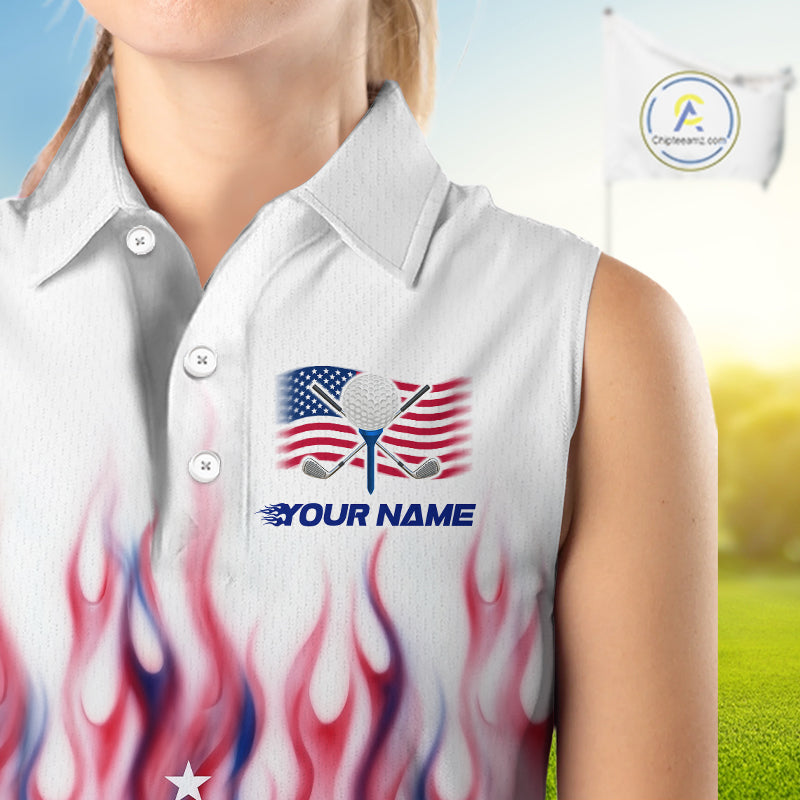 Fire American Flag Custom Patriotic Sleeveless Golf Polo Shirts, Flame US Golf Shirt