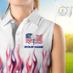 Fire American Flag Custom Patriotic Sleeveless Golf Polo Shirts, Flame US Golf Shirt