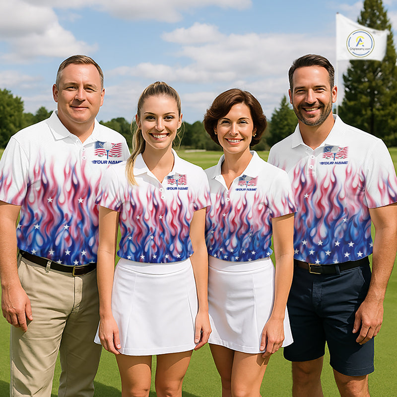 Fire American Flag Custom Patriotic Golf Polo Shirts, Flame US Golf Shirt