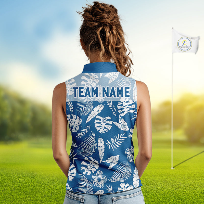 Blue Tropical Hawaiian Pattern Sleeveless Golf Polo Shirts Custom Team Golf Shirt