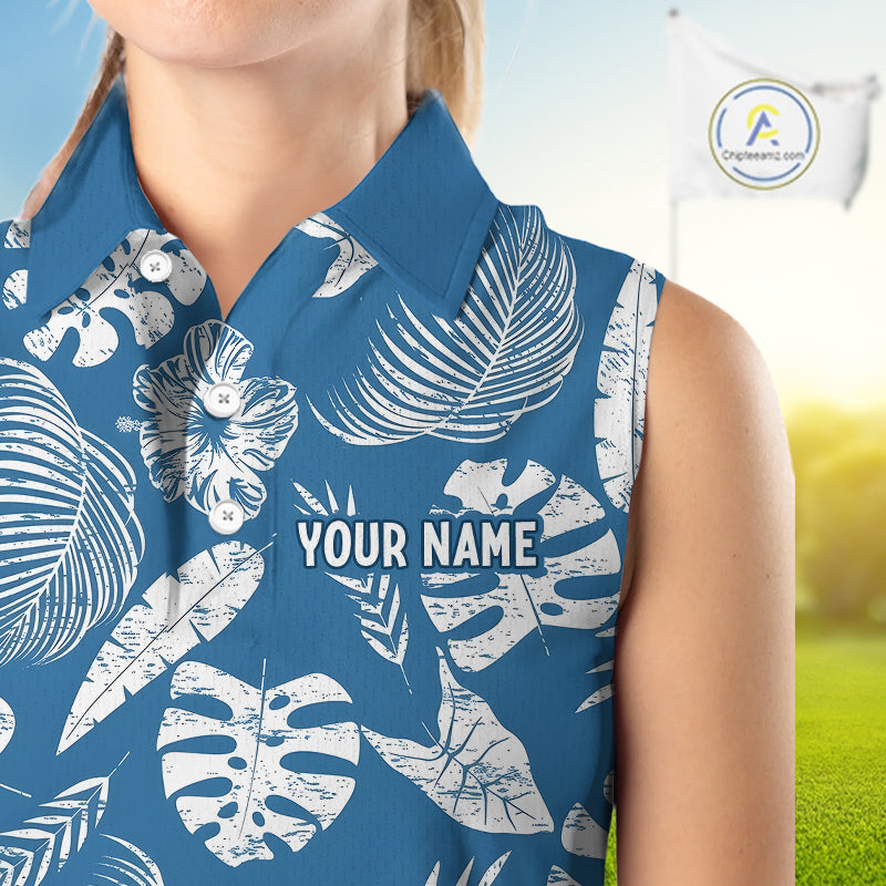 Blue Tropical Hawaiian Pattern Sleeveless Golf Polo Shirts Custom Team Golf Shirt