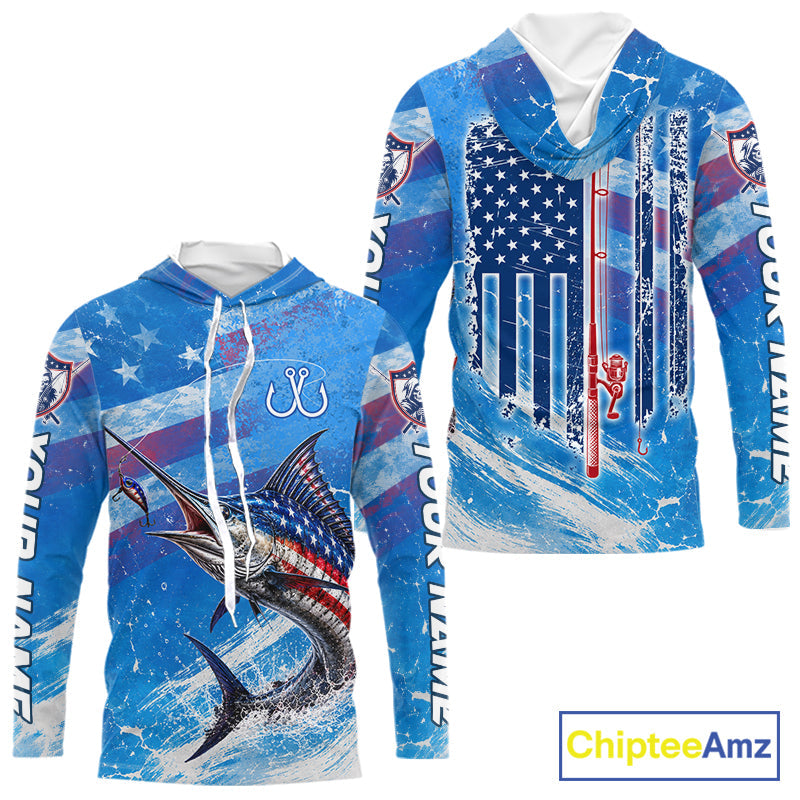 American Flag Marlin Fishing Personalized Patriotic UV Protection Long Sleeve Fishing Shirts