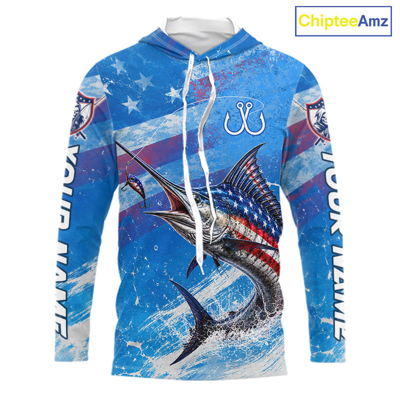 American Flag Marlin Fishing Personalized Patriotic UV Protection Long Sleeve Fishing Shirts