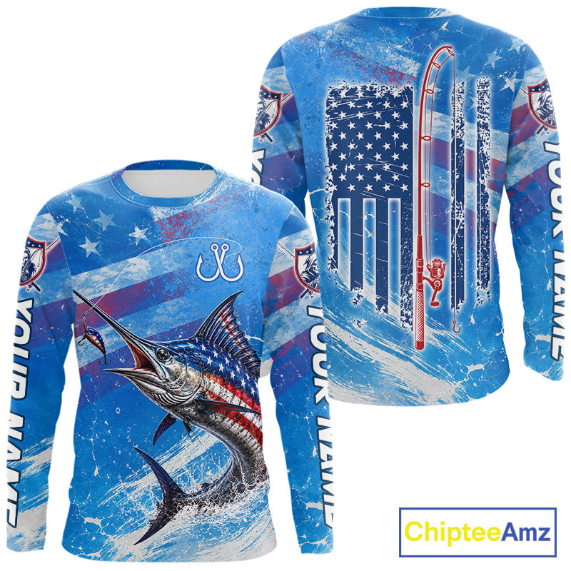 American Flag Marlin Fishing Personalized Patriotic UV Protection Fishing Shirts