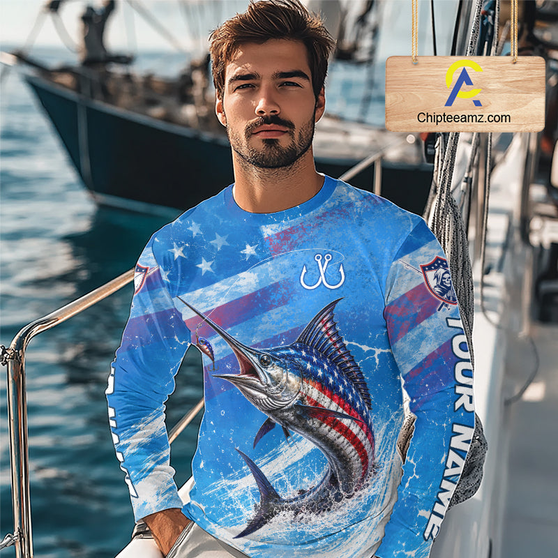 American Flag Marlin Fishing Personalized Patriotic UV Protection Fishing Shirts