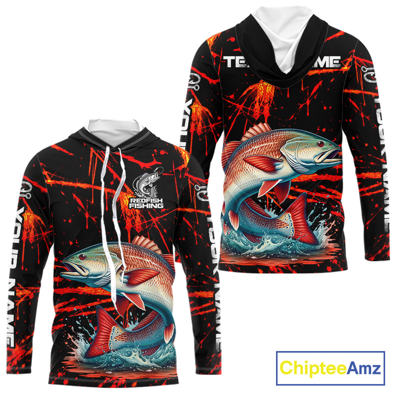 Custom Redfish Fishing Jersey, Personalized Redfish Long Sleeve Hooded Performance Fishing Shirt