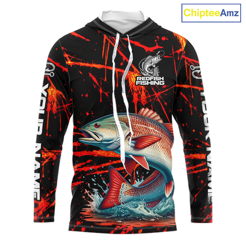 Custom Redfish Fishing Jersey, Personalized Redfish Long Sleeve Hooded Performance Fishing Shirt