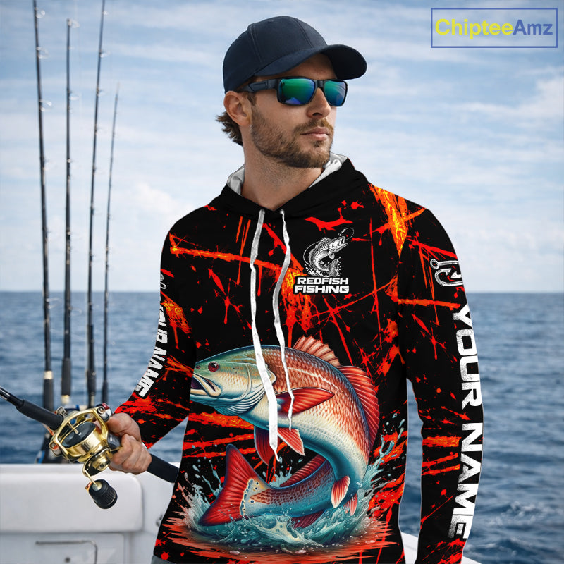 Custom Redfish Fishing Jersey, Personalized Redfish Long Sleeve Hooded Performance Fishing Shirt
