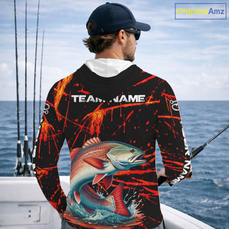 Custom Redfish Fishing Jersey, Personalized Redfish Long Sleeve Hooded Performance Fishing Shirt