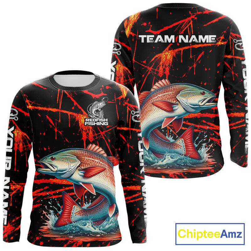 Custom Redfish Fishing Jersey, Personalized Redfish Long Sleeve Performance Fishing Shirt