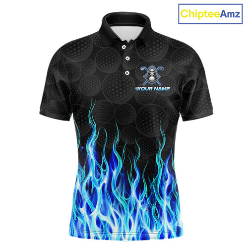 Custom Blue Flame Reaper Golf Ball Pattern Golf Polo Shirts Black Tournament Golf Team Shirts, Golf Outfit