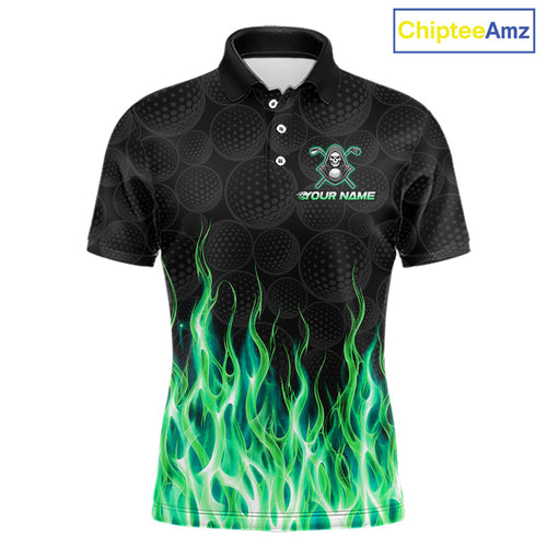 Custom Green Flame Reaper Golf Ball Pattern Golf Polo Shirts Black Tournament Golf Team Shirts, Golf Outfit