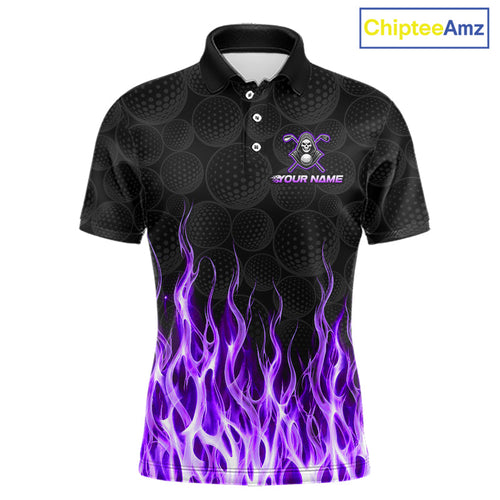 Custom Purple Flame Reaper Golf Ball Pattern Golf Polo Shirts Black Tournament Golf Team Shirts, Golf Outfit