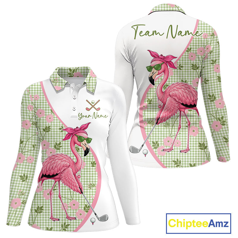 Funny Pink Flamingo Plaid Pattern Golf Polo Shirts, Personalized Golf Gifts