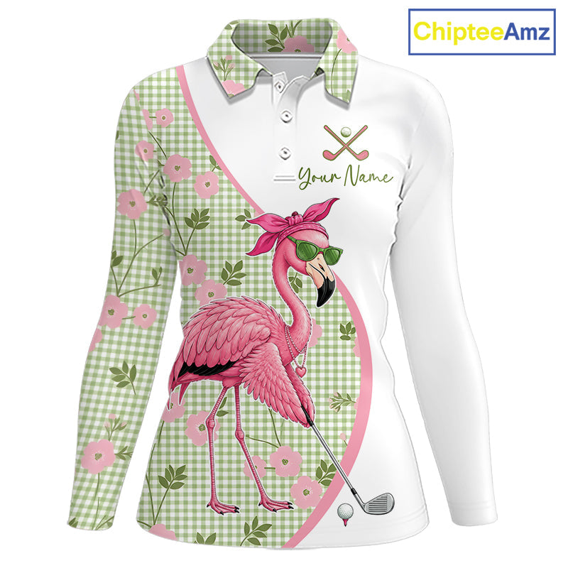 Funny Pink Flamingo Plaid Pattern Golf Polo Shirts, Personalized Golf Gifts