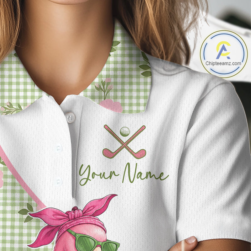 Funny Pink Flamingo Plaid Pattern Golf Polo Shirts, Personalized Golf Gifts