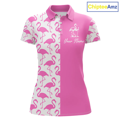 Golf Polo Shirt White And Pink Flamingos Pattern Custom Team Flamingo Golf Shirts