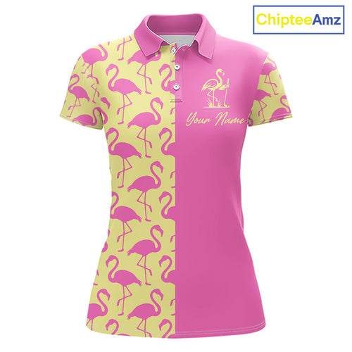 Golf Polo Shirt Yellow And Pink Flamingos Pattern Custom Team Flamingo Golf Shirts