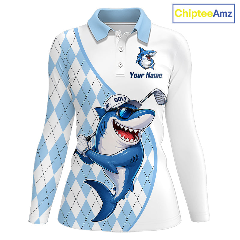 Funny Golf Polo Shirt Argyle Pattern Custom Name Shark Playing Golf Shirt Golf Gifts