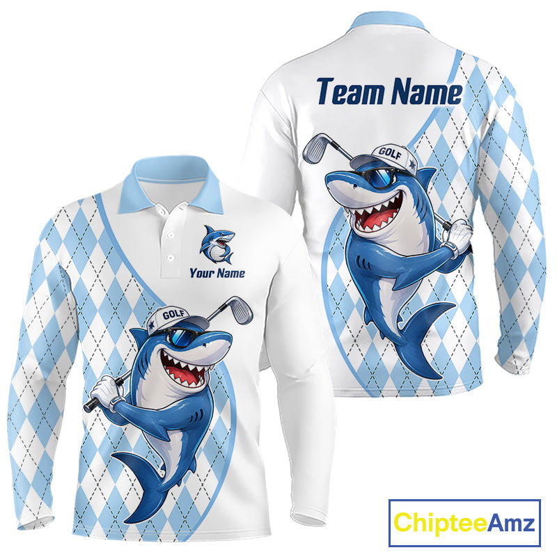 Funny Golf Polo Shirt Argyle Pattern Custom Name Shark Playing Golf Shirt Golf Gifts