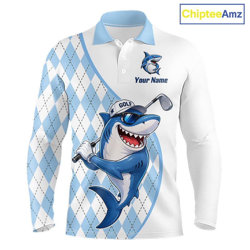 Funny Golf Polo Shirt Argyle Pattern Custom Name Shark Playing Golf Shirt Golf Gifts