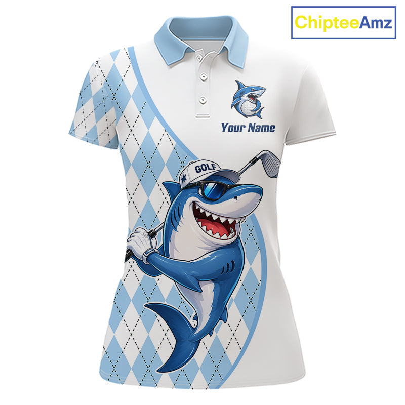 Funny Golf Polo Shirt Argyle Pattern Custom Name Shark Playing Golf Shirt Golf Gifts