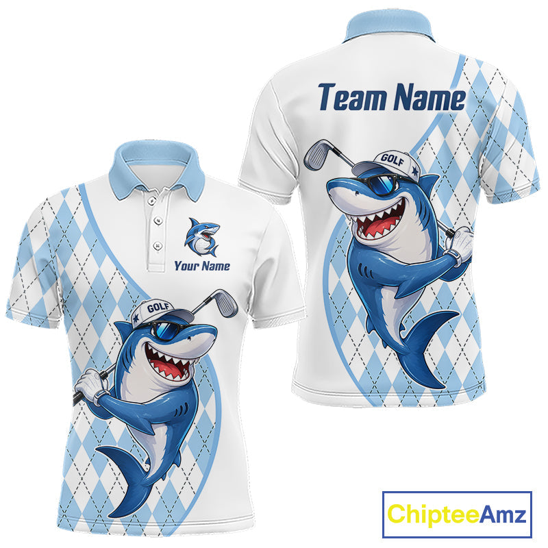 Funny Golf Polo Shirt Argyle Pattern Custom Name Shark Playing Golf Shirt Golf Gifts